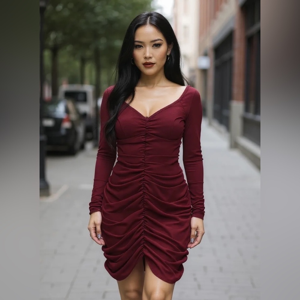 Elegant Burgundy Ruched Dress